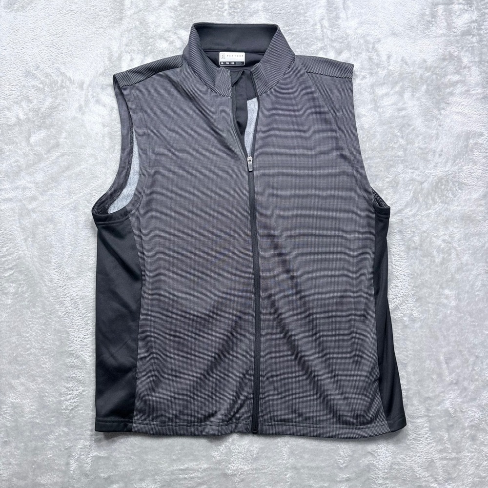 PGA Tour Golf Vest Men XL Grey Black Full Zip Mock Neck Micro-Check Performance